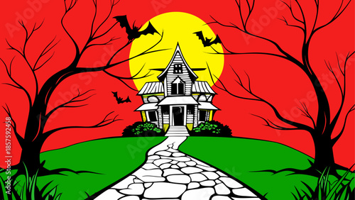 Spooky house with bats flying around under full moon