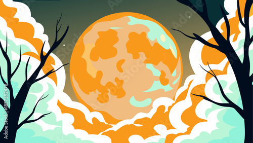 Halloween night with full moon and bare trees