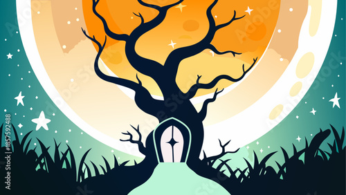 Mysterious tree with door under full moon night
