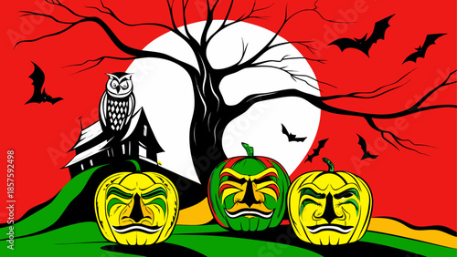 Halloween pumpkins with spooky house and bats