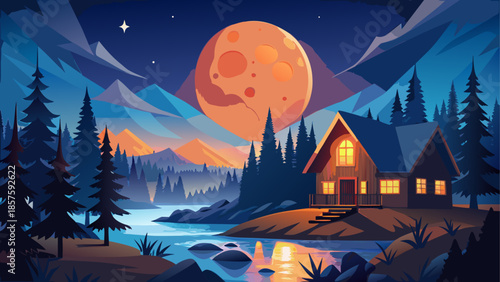 Cozy cabin under full moon in mountainous landscape