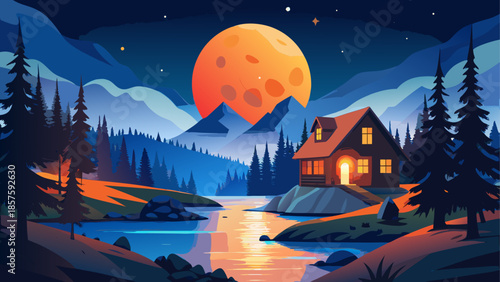 Cozy cabin by the lake under the full moon