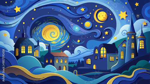 Whimsical night scene with starry sky and houses