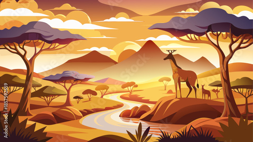 Serene savannah landscape with giraffe at sunset