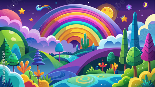Vibrant rainbow landscape with rolling hills and night sky