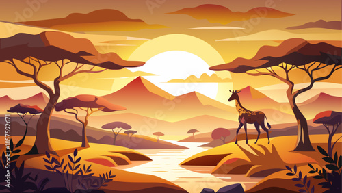 Serene savannah landscape with giraffe at sunset