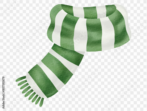 Watercolor green striped winter scarf cozy Christmas clothing illustration vector.