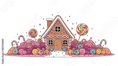 Charming gingerbread house decorated with icing and candies, surrounded by colorful lollipops and candy canes on a white background.
