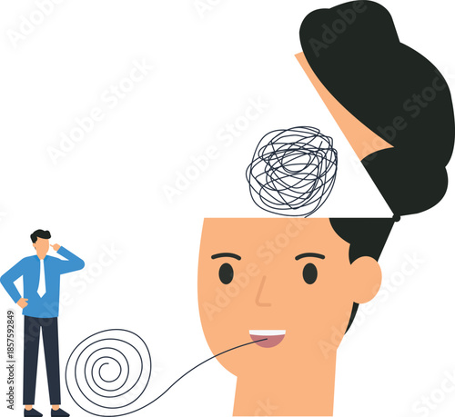 Mental health psychology concept unraveling tangled thoughts. Communication therapy for problem solving and stress management. Psychotherapy session showing mental chaos and understanding emotions.