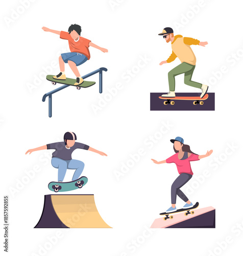 skateboarders set. urban outdoor extreme activity, teenagers in action poses making stunts on skateboard performing tricks in skatepark. vector concept collection