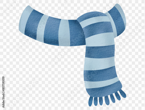 Watercolor blue striped winter scarf cozy cold weather Christmas clothing illustration vector.