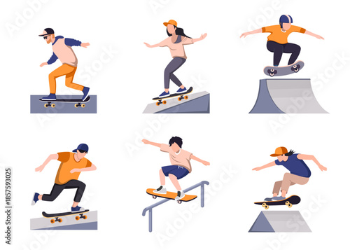 skateboarders set. teenagers in action poses making stunts on skateboard, urban outdoor extreme activity, performing tricks in skatepark. vector concept collection