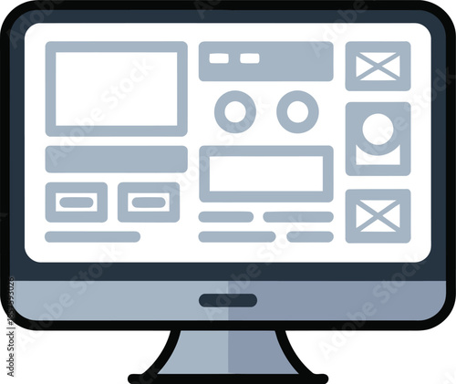 Modern Computer Monitor Icon with UI Elements Vector Graphic Illustration for Web Design and Digital Media
