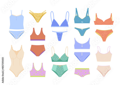 women's lingerie set. elegant and sexy feminine nightwear, bikini underpants, brassiere. vector cartoon flat graphics.