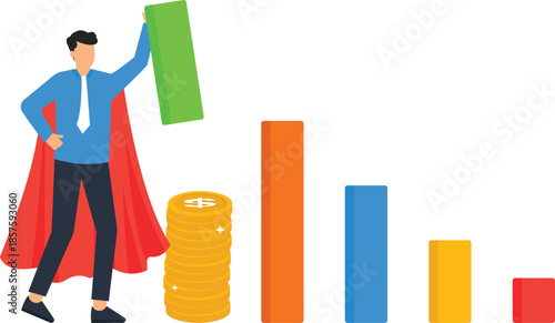 Businessman superhero building bar chart financial growth business success profit increase investment strategy data analysis market recovery