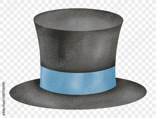 Watercolor black top hat with blue ribbon classic winter costume accessory illustration vector.