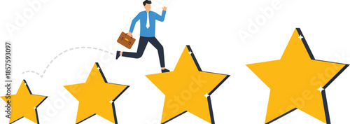 Businessman jumping across stars career growth business success reaching goals personal development skill improvement job promotion corporate ladder level up star rating customer review