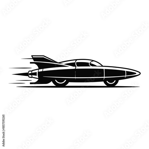 Sleek retro futuristic rocket car silhouette speeding with dynamic motion lines