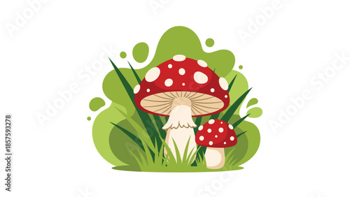 Two cartoon fly agaric mushrooms with red and white spotted caps, one large and one small, depicted growing in tall green grass.