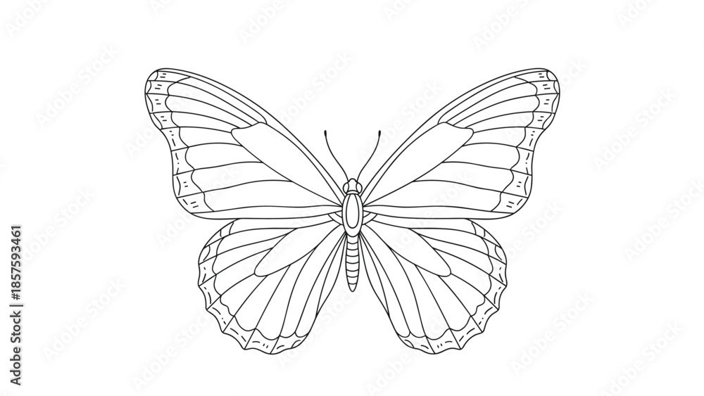 Obraz premium Symmetrical black and white line art of a butterfly with detailed wings, suitable for a coloring book page or tattoo design.