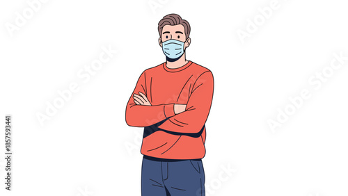 Illustration of a young man wearing an orange sweater and a blue face mask with his arms crossed for health protection.