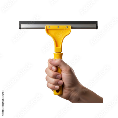 Hand holding yellow squeegee on Transparent Background