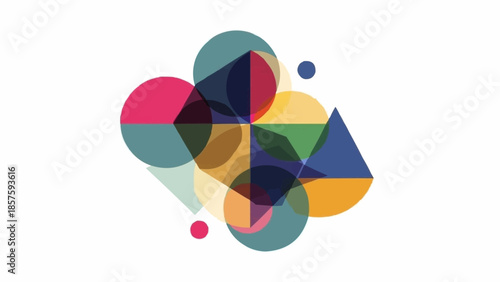 Abstract geometric shapes overlapping with vibrant colors and transparency.