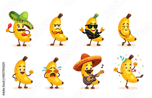 banana characters set. funny cute banana characters in different poses, dancing, having fun, happy childish heroes collection. vector cartoon illustration.