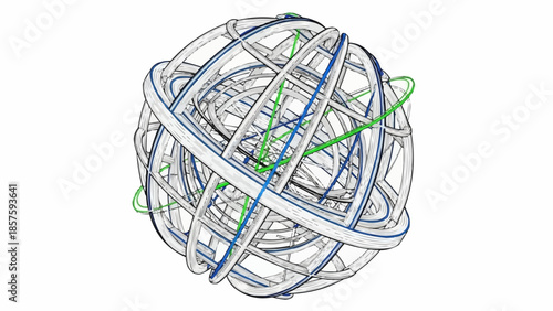 Abstract geometric sphere with intersecting lines and rings.
