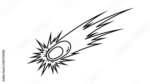 Simple black and white line art of a comet or asteroid streaking through space, depicted in a dynamic, comic book style.