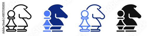 Vector icon or logo of chess knight and pawn figures related to sport and hobby games, strategy and intelligence. Symbol for website or app UI, logo design, illustration