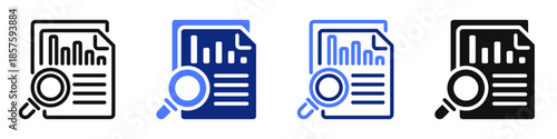 Vector icon or logo of report with graph and magnifying glass related to business data analytics and statistics. Symbol for website or app UI, logo design, illustration