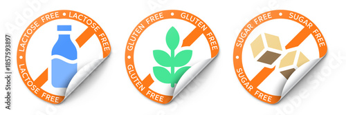 Vector illustration of gluten, lactose, sugar free stickers related to allergy and intolerance symbols, healthy and organic nutrition, food product packaging