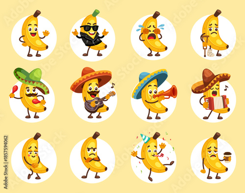 banana characters. banana characters in different poses, dancing, having fun, funny cute happy childish heroes collection. vector cartoon illustration.