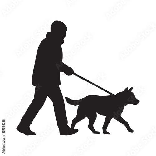 Silhouette of a person walking a dog on a leash during the day