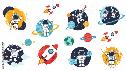 A collection of cute cartoon astronauts, rockets, and planets, showing various space exploration scenes isolated on white background.