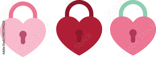 Heart shaped lock icons set, pink red romantic love security symbols isolated white background for valentine wedding design concepts