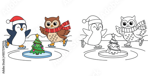 Cute penguin and owl ice skating around Christmas tree coloring page. Vector illustration of winter holiday birds for kids activity book.