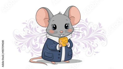 Adorable cartoon mouse wearing a blue winter coat and holding a piece of cheese, set against a faint purple floral background.