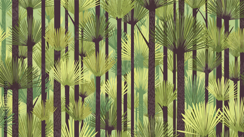 Seamless pattern of a dense forest with tall, dark tree trunks and fan-like palm leaves in shades of green and chartreuse.
