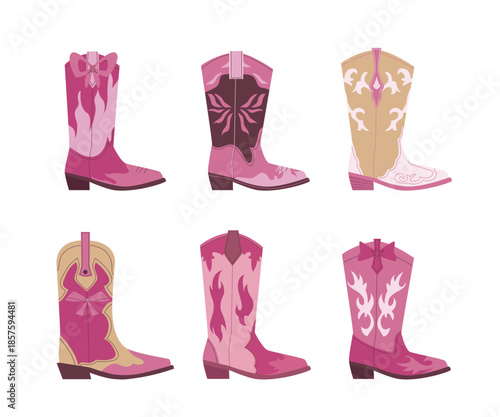 Pink cowgirl boots. rodeo decorative footwear collection, western fashion shoes. vector cartoon set of isolated objects.
