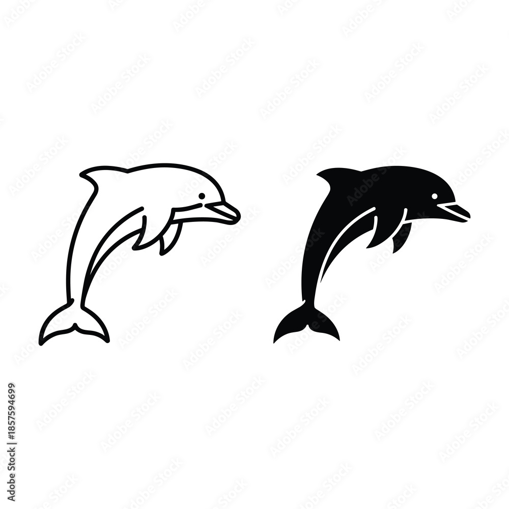 Fototapeta premium Dolphin illustration set with white and black silhouette