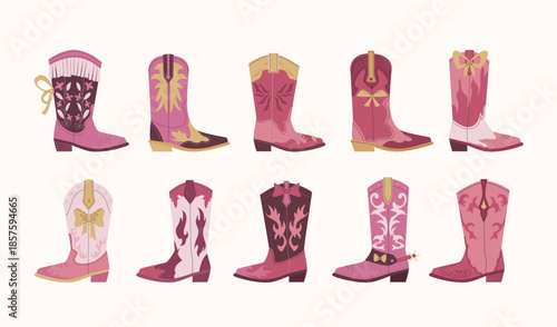 Pink cowboy boots. western fashion shoes, rodeo decorative footwear collection. vector cartoon set of isolated objects.