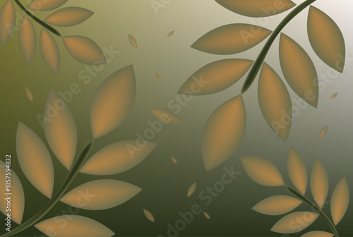 Elegant abstract background design featuring softly shaded bronze autumn leaves gracefully curving across a deep green and gray gradient backdrop suggesting a gentle seasonal transition.