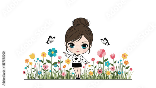 Cute cartoon girl with a hair bun, wearing a starry sweater, standing happily in a colorful flower garden with butterflies.