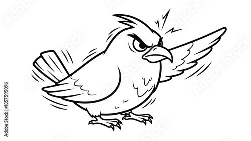 Black and white coloring page outline of an angry cartoon bird with a furrowed brow, gesturing with its wing in frustration.