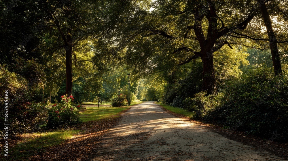Fototapeta premium Sun-dappled rural road winding through a lush green forest path at sunset