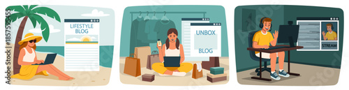 Blogger characters collection. female and male characters live stream with followers, travel blog, fitness blog, creating video contend, live stream translation. vector cartoon graphics.