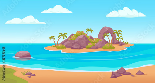 Tropical island landscape. ocean landscape isolated islands, seaside beautiful trip view, exotic beaches. vector cartoon island background