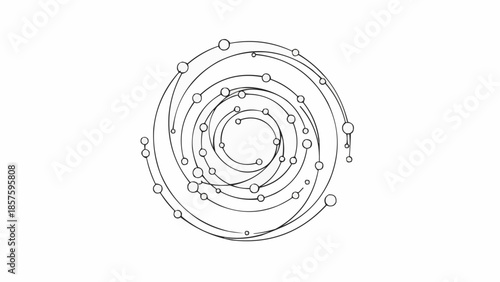 Abstract spiral galaxy with orbiting planets and stars.